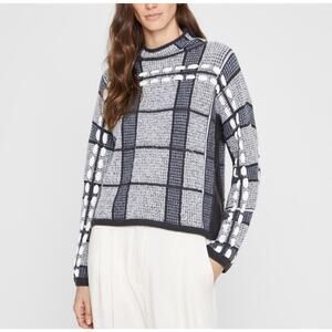 Club Monaco Plaid Woven Sweater Womens XS Gray White Alpaca Wool Ribbon Coquette